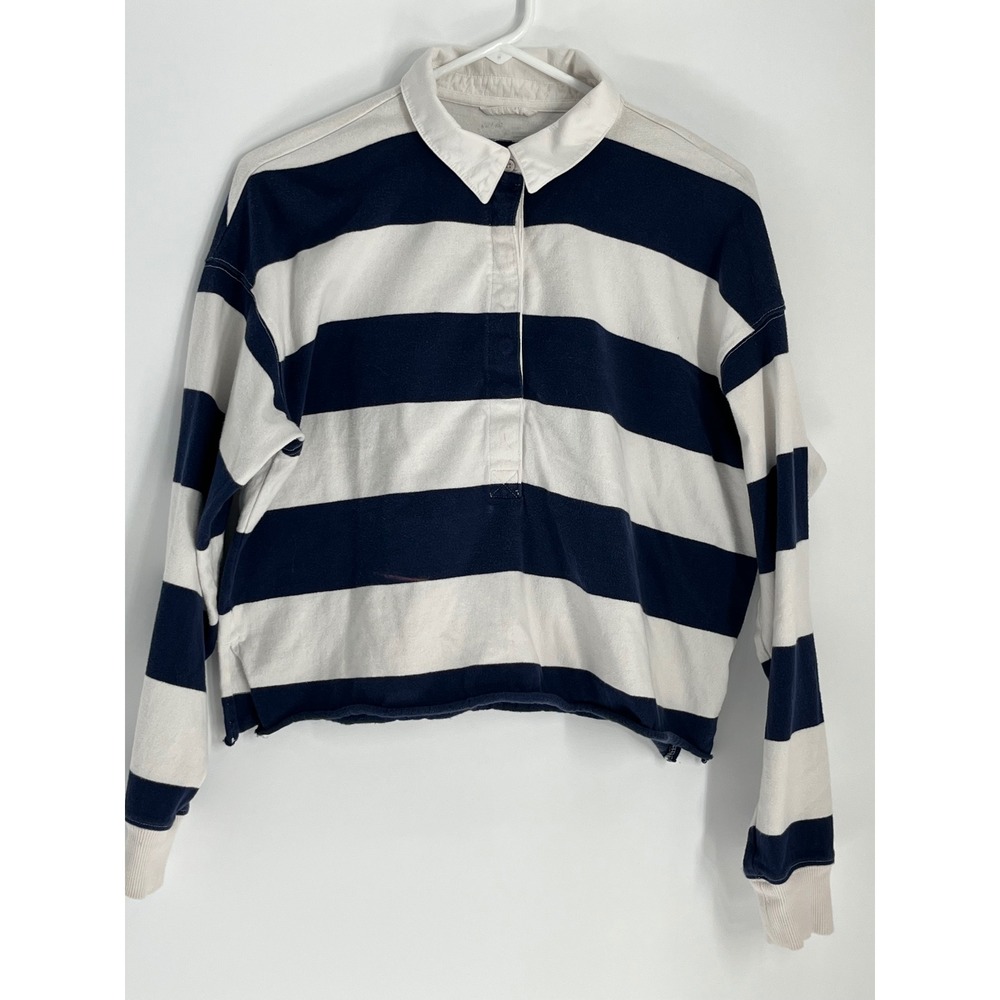 Aerie Cropped Rugby Shirt Striped Long Sleeve Women S Navy White Oversize Retro